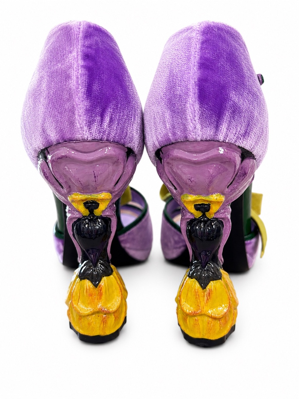 Prada Lavender Satin Heels with Green Trim and Mustard Bow - Picture 3 of 7